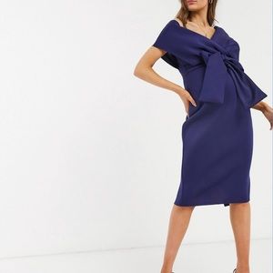 Maternity fallen shoulder, navy midi pencil dress with tie detail